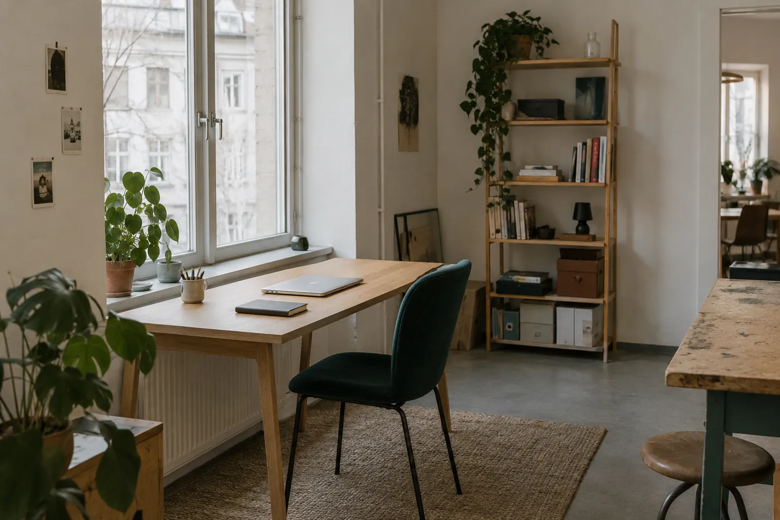 Ruhiger Arbeitsplatz mit hellem Holztisch und petrolfarbenem Stuhl am Fenster