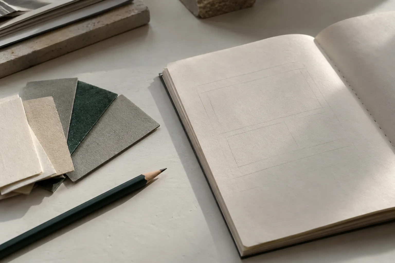 Papiermuster in Weiß, Sand und Petrol neben einem Skizzenbuch und Bleistift