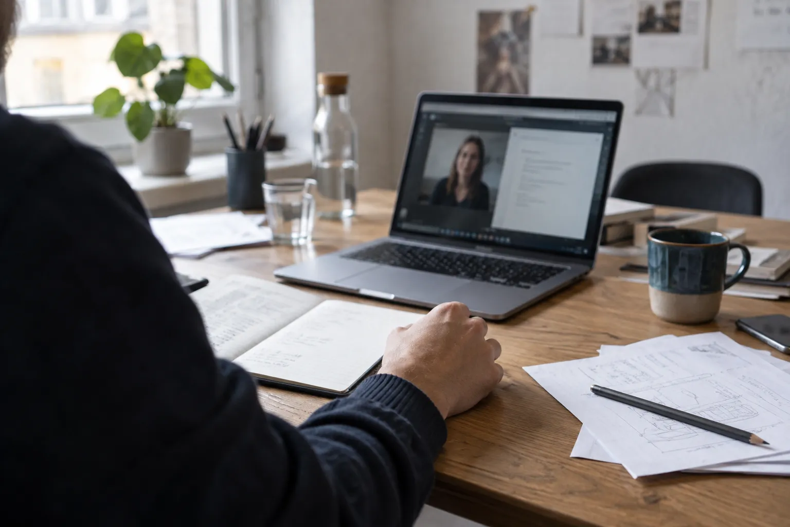 Online-Abstimmung am Laptop mit Notizbuch auf dem Schreibtisch