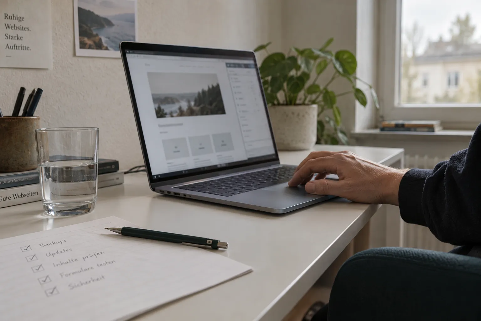 Prüfung einer Website am Laptop mit einer kurzen Checkliste