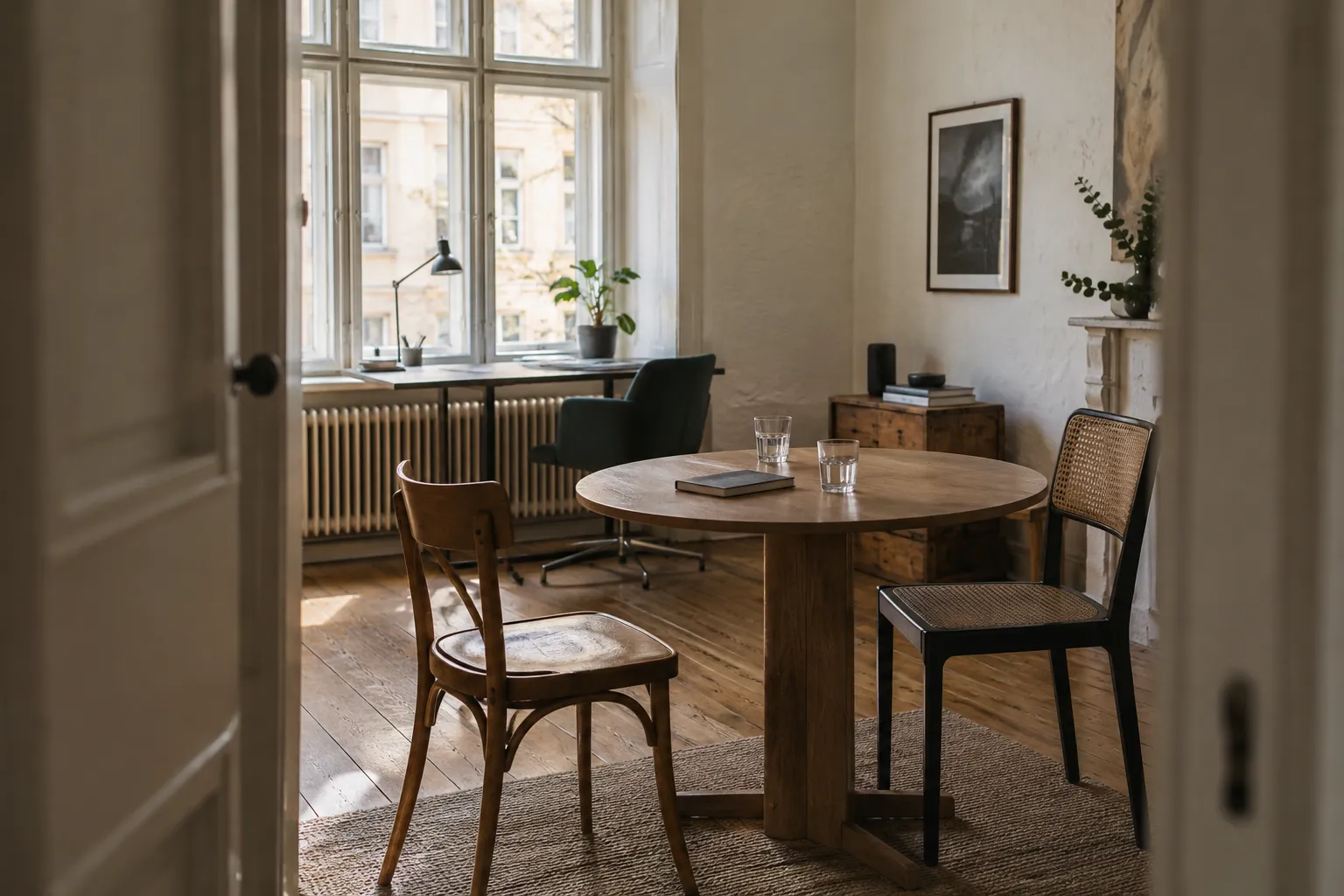 Ruhiger Besprechungsbereich mit Holztisch und Arbeitsplatz am Fenster